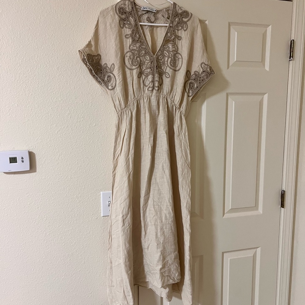 Zara Cream Maxi Dress with Brown Embroidered Detail
